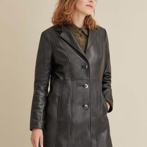 Nora button down black leather trench coat for women - Image 3