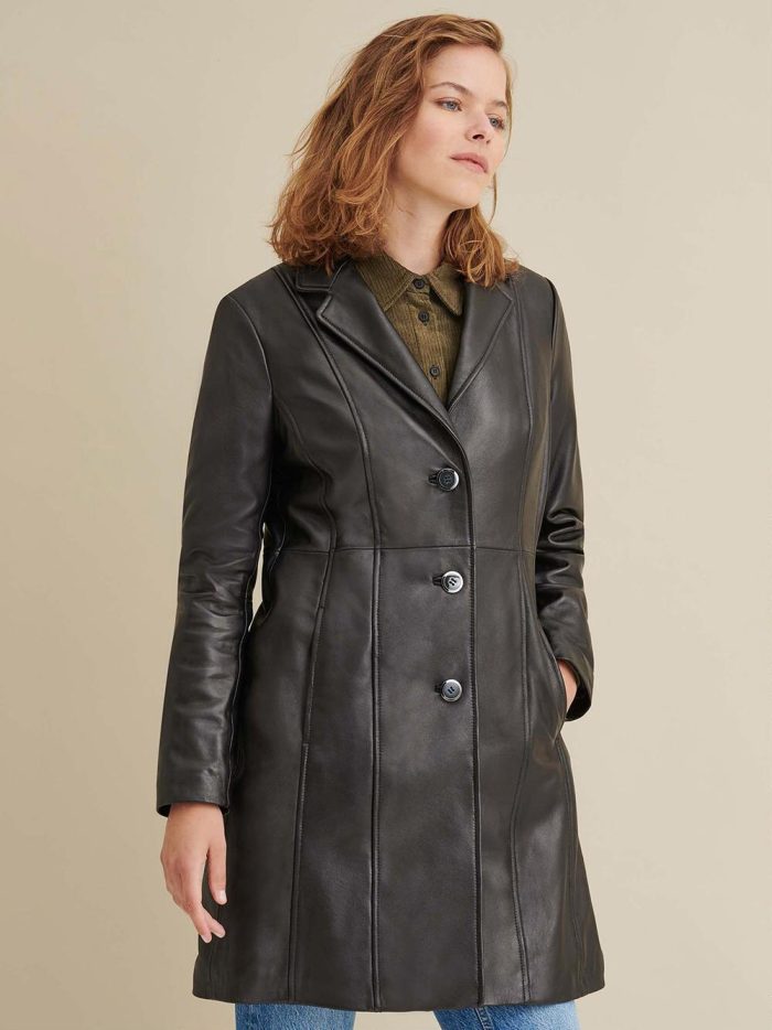 Nora button down black leather trench coat for women - Image 3