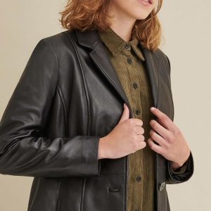 Nora button down black leather trench coat for women - Image 4