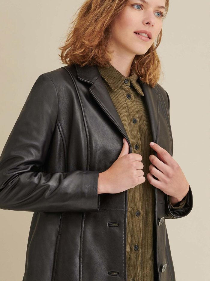 Nora button down black leather trench coat for women - Image 4
