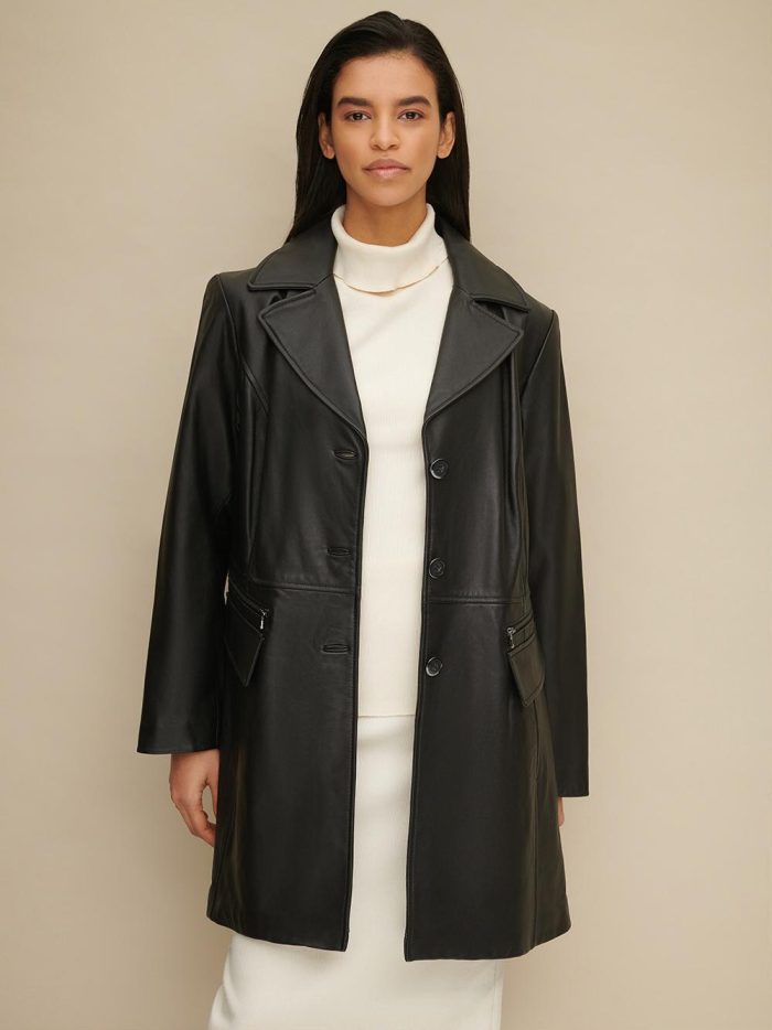 Plus size button front black leather trench for women - Image 4