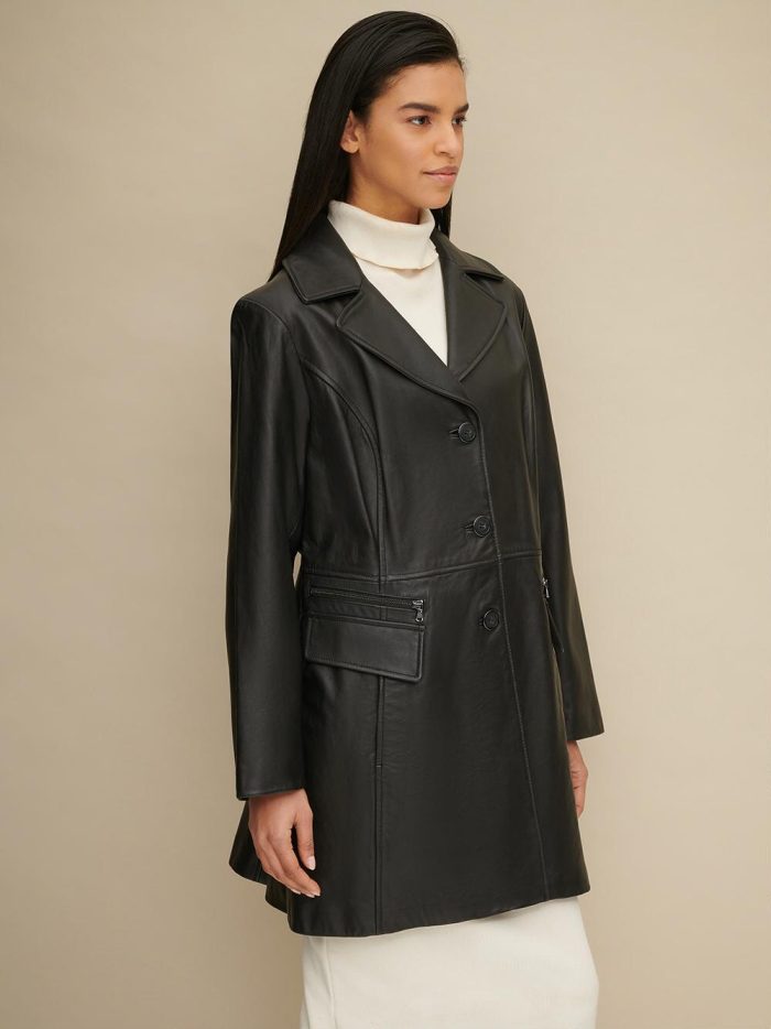 Plus size button front black leather trench for women