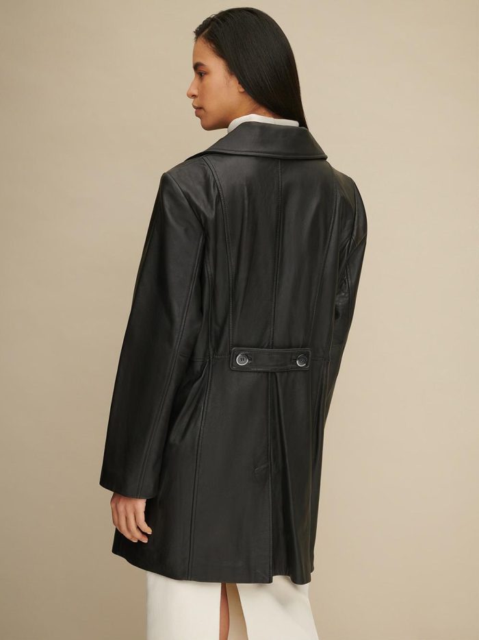 Plus size button front black leather trench for women - Image 2