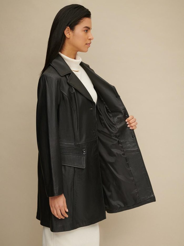 Plus size button front black leather trench for women - Image 3