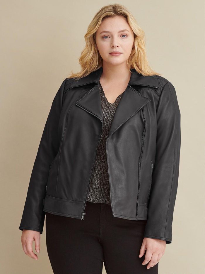 Black leather jacket with zipper details for women - Image 2