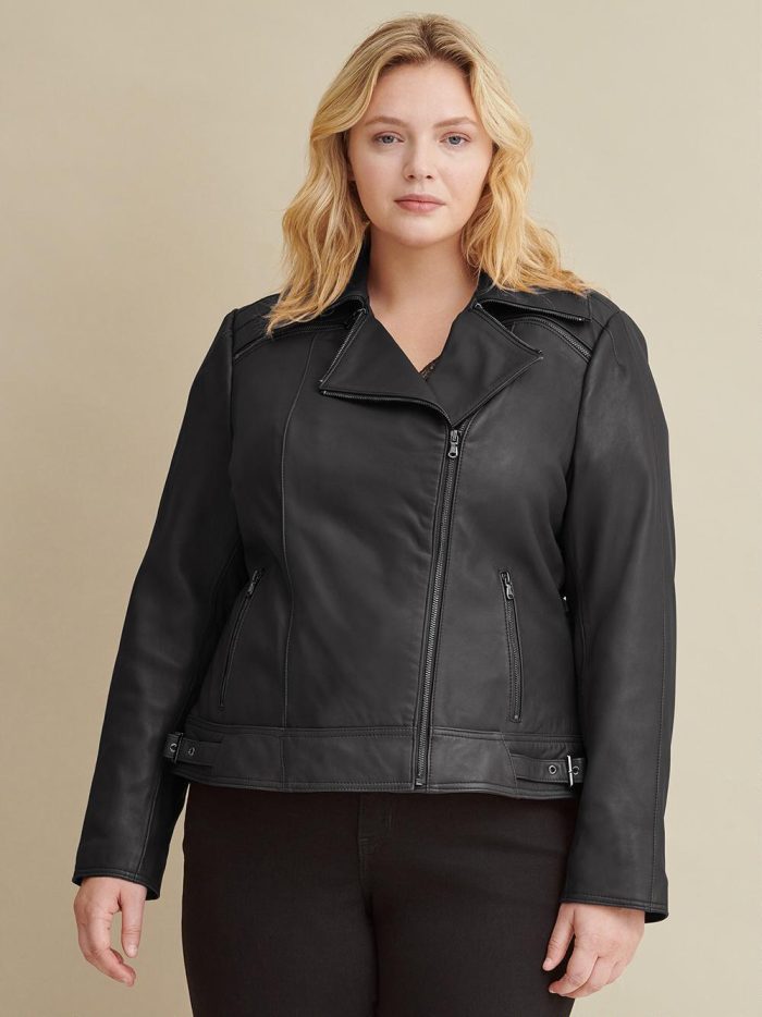 Black leather jacket with zipper details for women