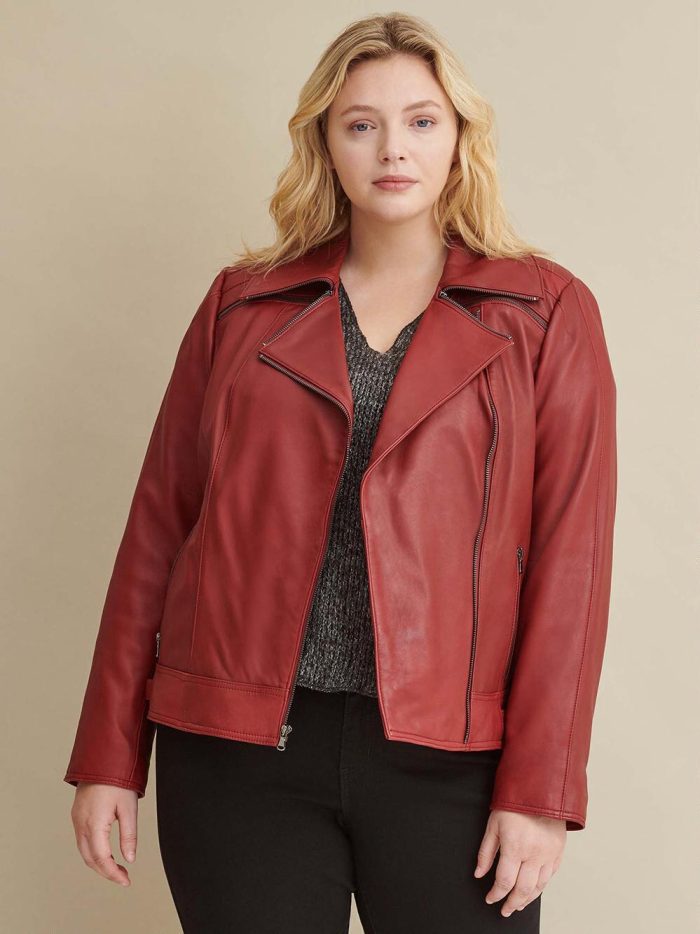 Brown leather jacket with zipper details for women