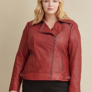 Red leather jacket with zipper details for women