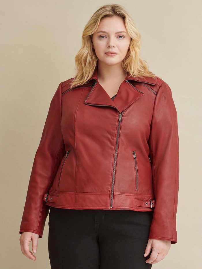 Brown leather jacket with zipper details for women - Image 2