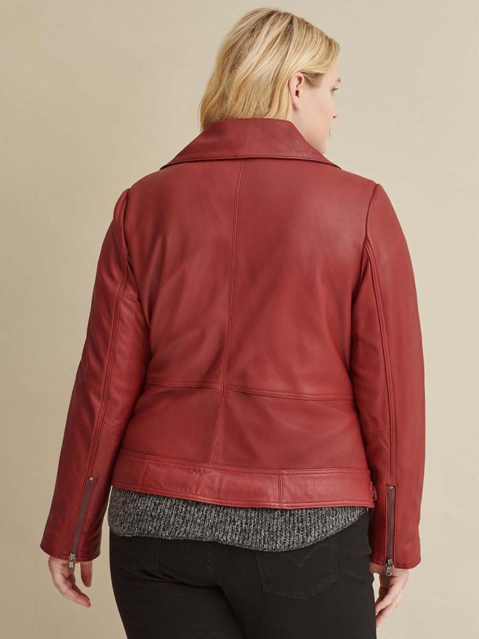 Red leather jacket with zipper details for women - Image 3