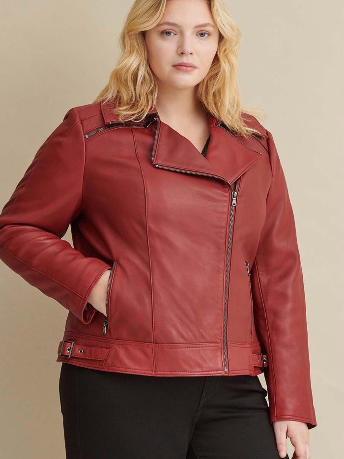 Brown leather jacket with zipper details for women - Image 4