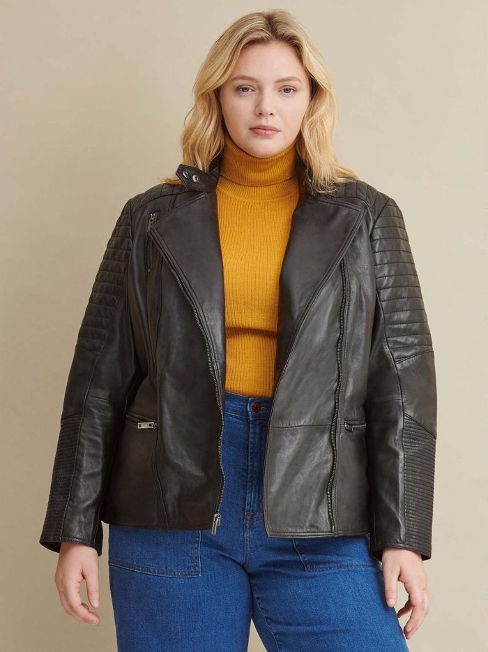 Plus size quilted black leather jacket for women