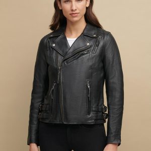 Performance style black leather jacket for women
