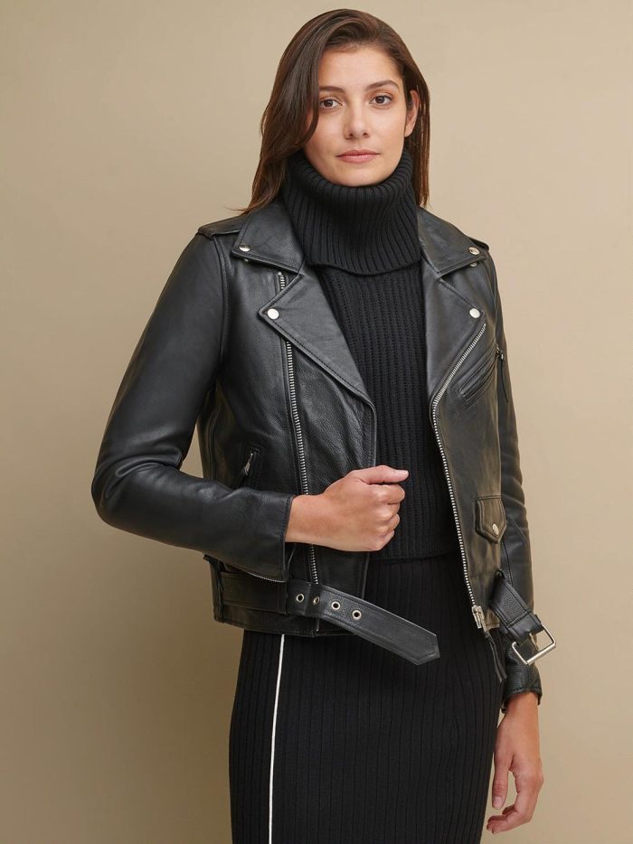 Performance style snap down lapel black jacket for women