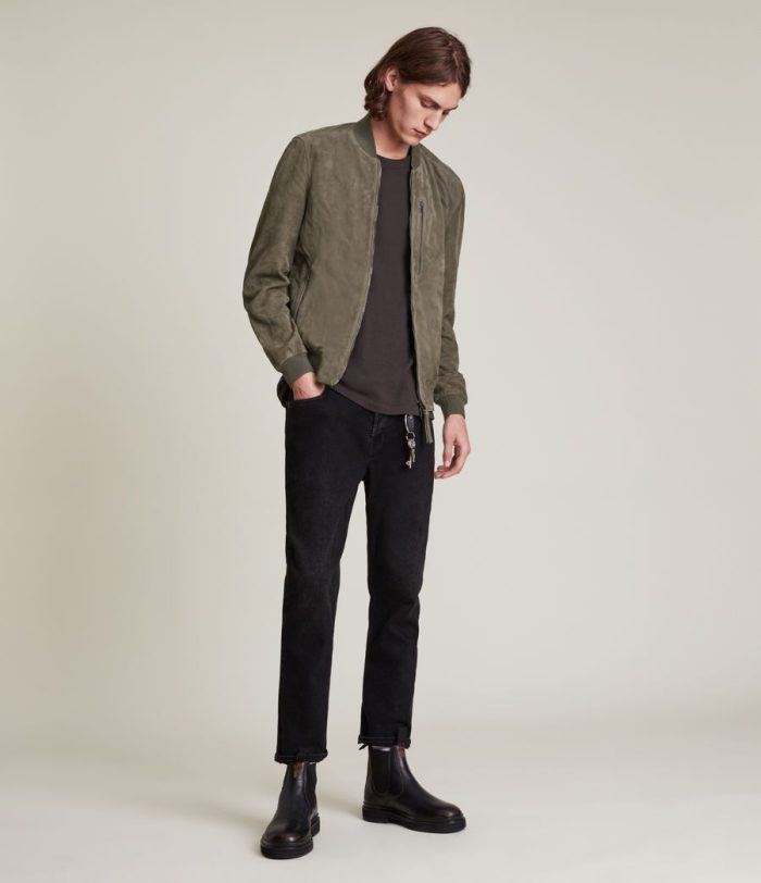 Kemble khaki green suede bomber jacket for men