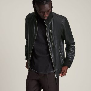 Bick black leather bomber jacket for men