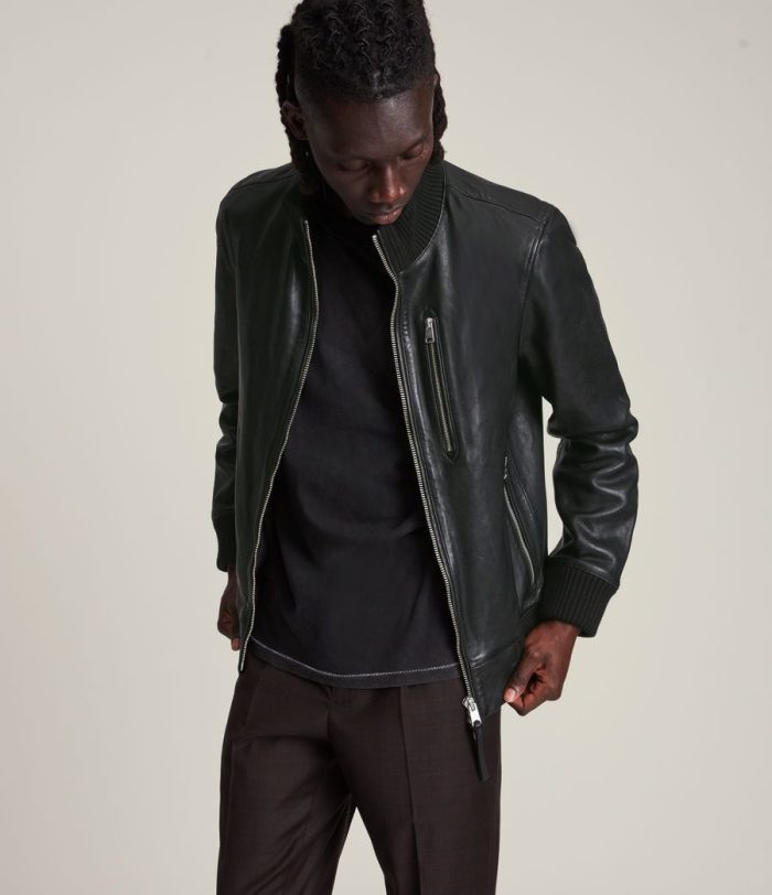 Bick black leather bomber jacket for men