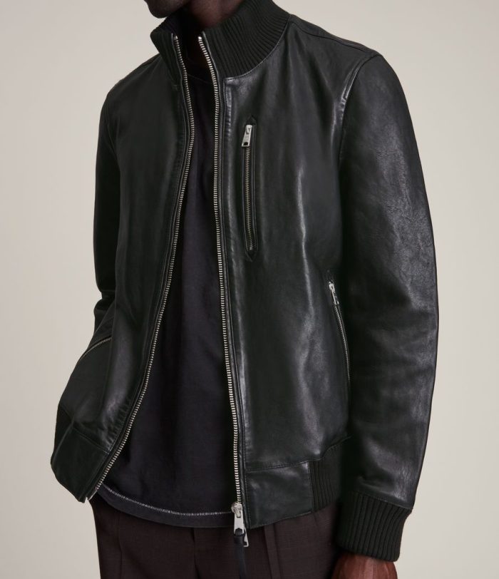 Bick black leather bomber jacket for men - Image 2