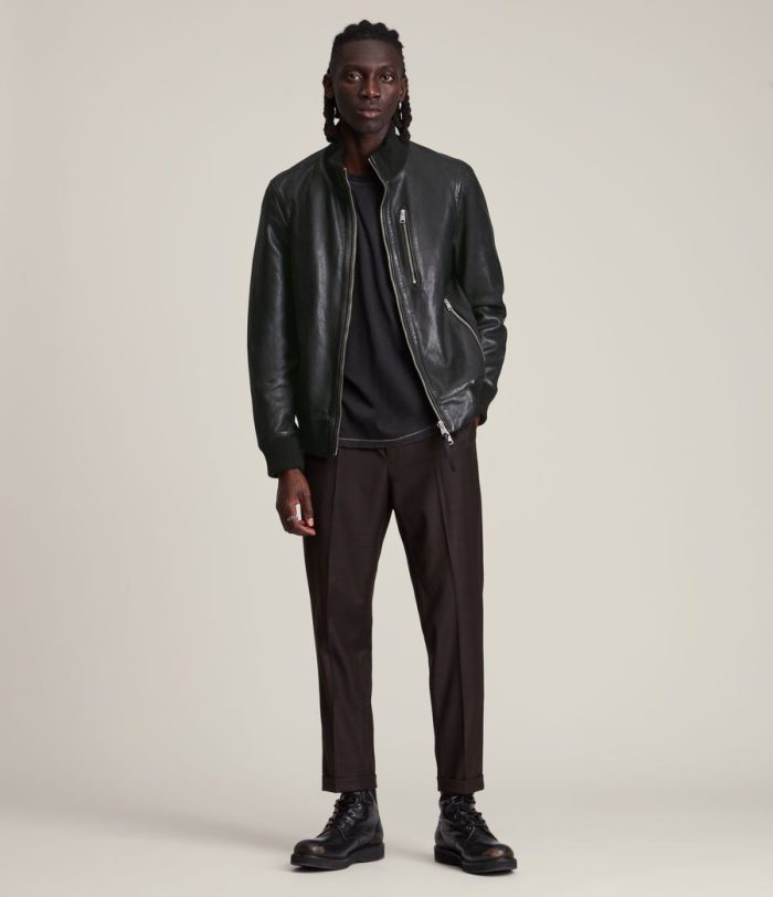 Bick black leather bomber jacket for men - Image 4