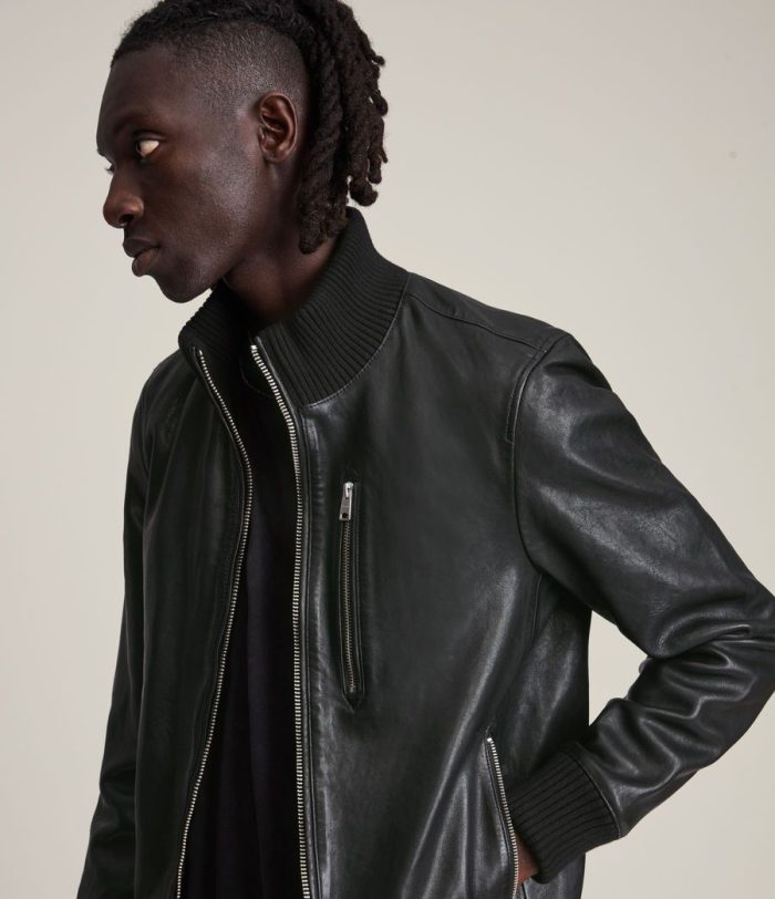 Bick black leather bomber jacket for men - Image 3