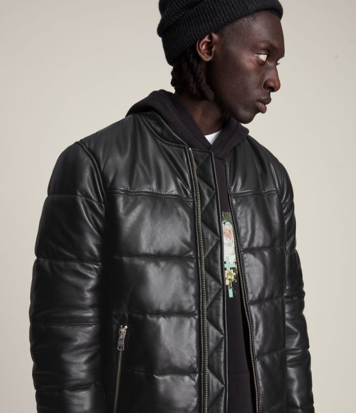 Russel black leather puffer jacket for men