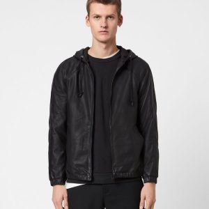 Penton black leather hoodie jacket for men