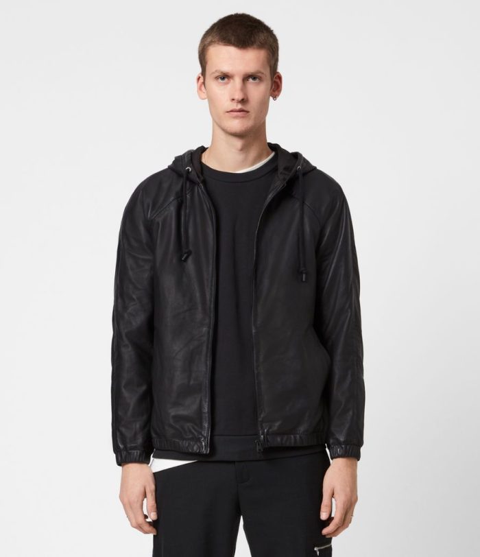 Penton black leather hoodie jacket for men