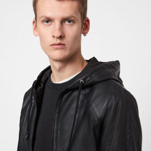 Penton black leather hoodie jacket for men - Image 2