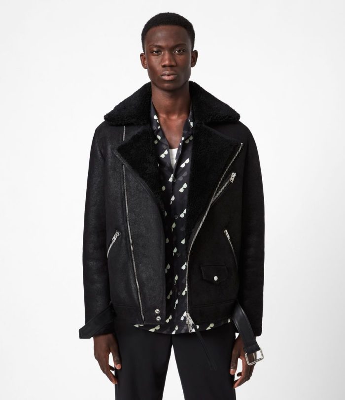 Terro shearling black leather biker jacket for men - Image 3