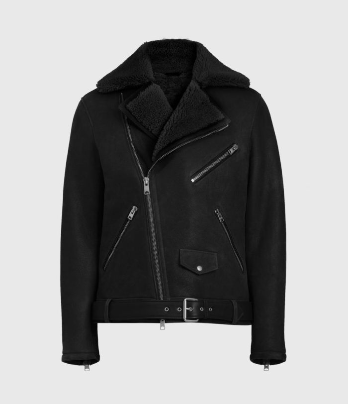 Terro shearling black leather biker jacket for men - Image 2