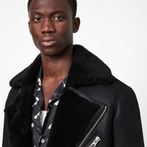 Terro shearling black leather biker jacket for men