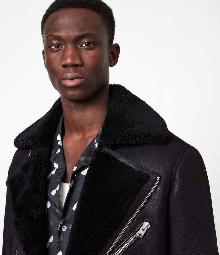 Terro shearling black leather biker jacket for men