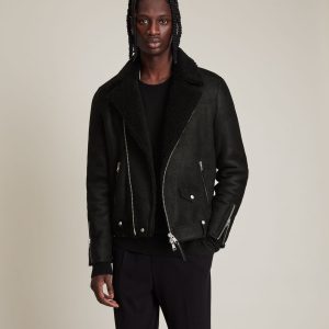 Miles shearling black leather biker jacket for men - Image 2