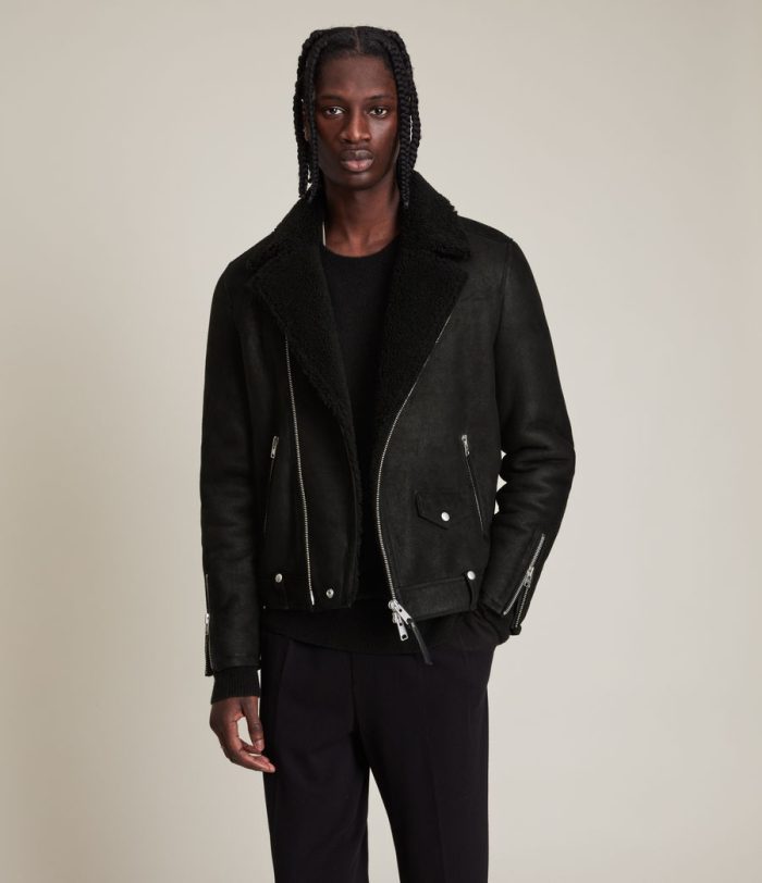 Miles shearling black leather biker jacket for men - Image 2