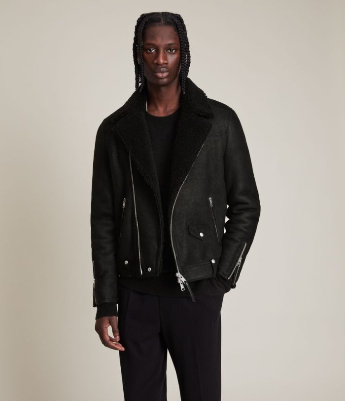 Miles shearling biker black jacket for men
