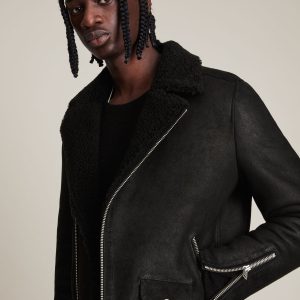 Miles shearling black leather biker jacket for men