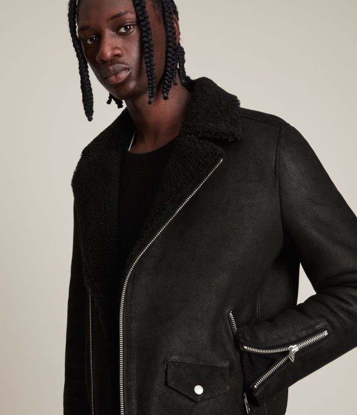 Miles shearling biker black jacket for men - Image 2