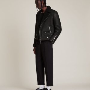 Miles shearling black leather biker jacket for men - Image 3