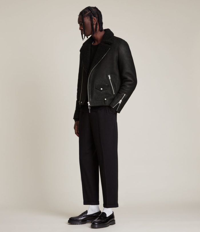 Miles shearling black leather biker jacket for men - Image 3