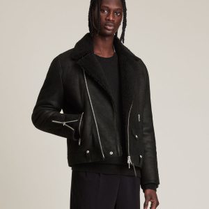 Miles shearling black leather biker jacket for men - Image 4
