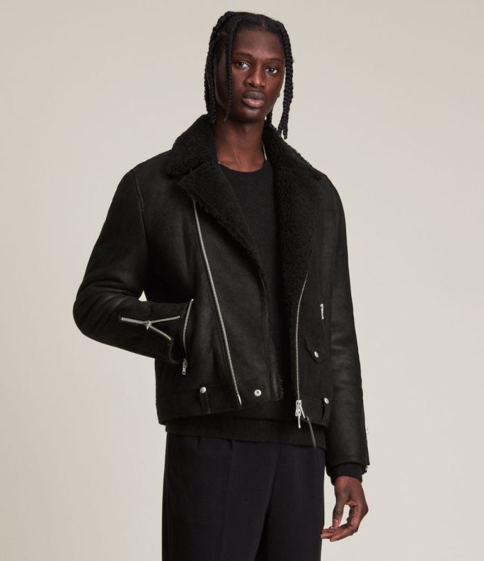 Miles shearling black leather biker jacket for men - Image 4