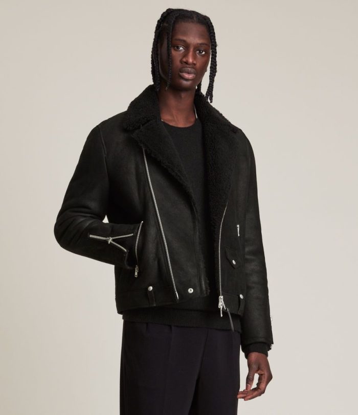 Miles shearling biker black jacket for men - Image 3