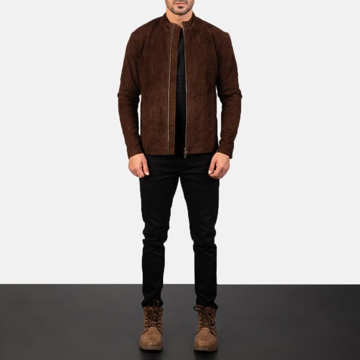 Charcoal brown suede biker jacket for men - Image 3