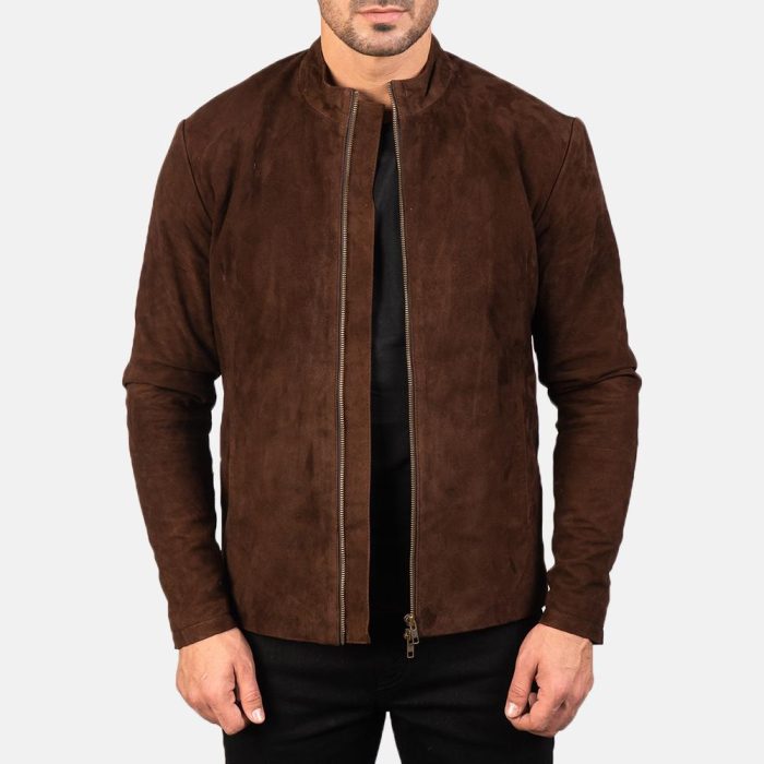 Charcoal brown suede biker jacket for men - Image 2