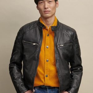 Front pocket black leather jacket for men - Image 2