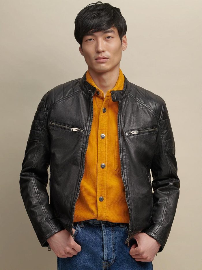 Front pocket black leather jacket for men - Image 2