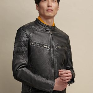 Front pocket black leather jacket for men