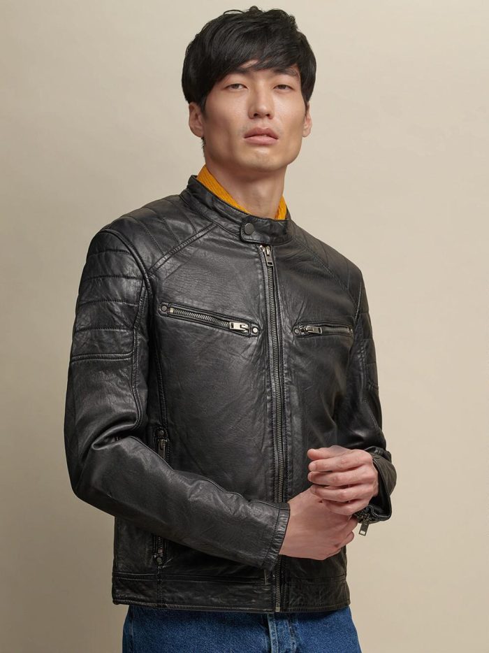 Front pocket black leather jacket for men