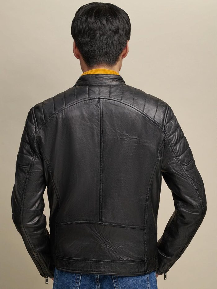 Front pocket black leather jacket for men - Image 3