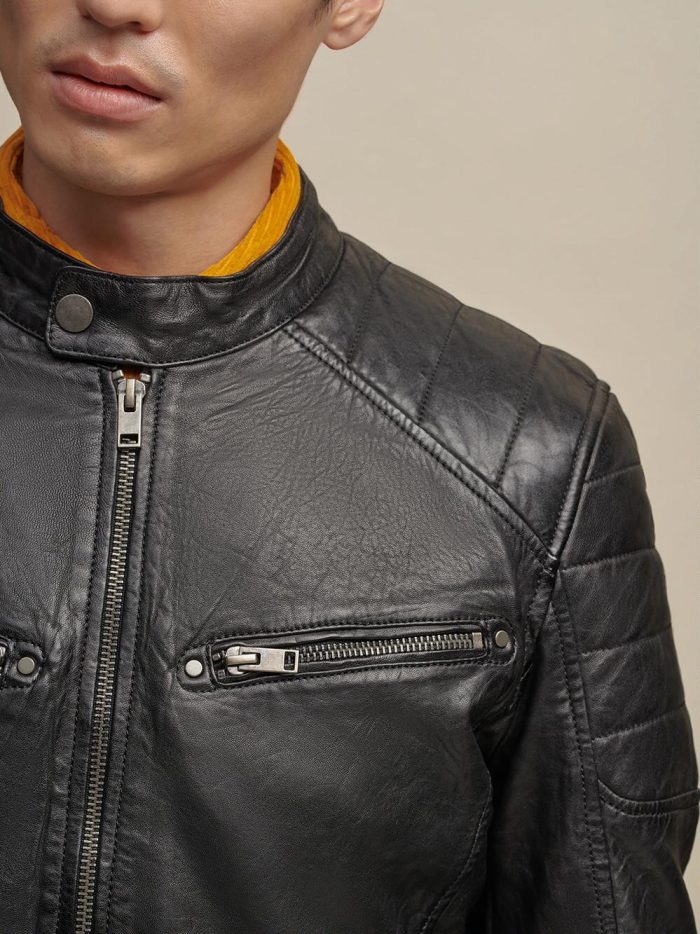 Front pocket black leather jacket for men - Image 4